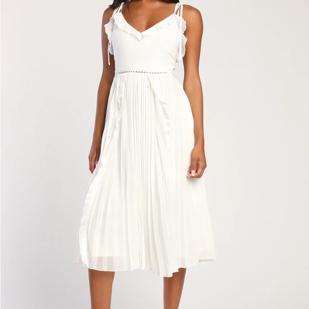 Never a Dull Moment White Tie-Strap Pleated Midi Dress - Lulus